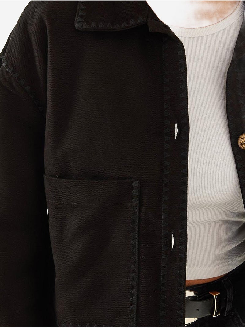 Veste courte tissée brodée à col chemise lucci Noir - Kiabi