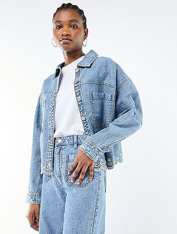 Veste denim boutonnée avec broderie en coton uni