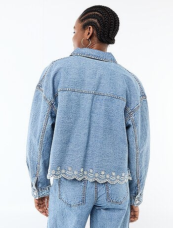 Veste denim boutonnée avec broderie en coton uni