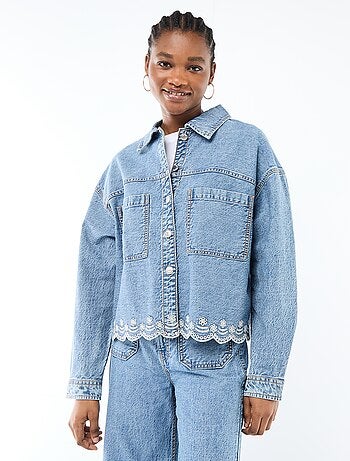 Veste denim boutonnée avec broderie en coton uni