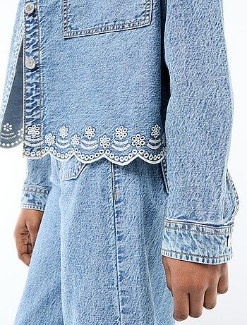 Veste denim boutonnée avec broderie en coton uni