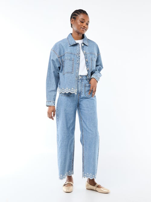 Veste denim boutonnée avec broderie en coton uni - Kiabi