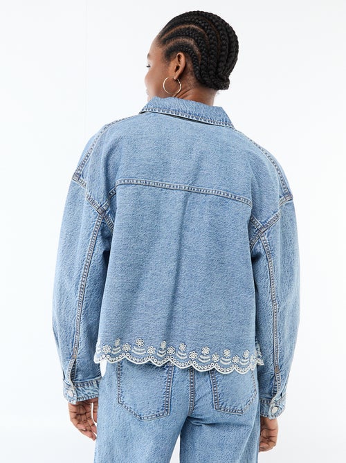 Veste denim boutonnée avec broderie en coton uni - Kiabi