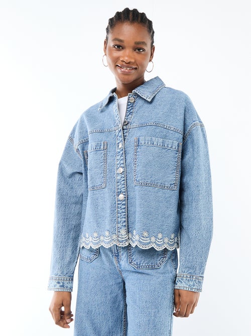 Veste denim boutonnée avec broderie en coton uni - Kiabi