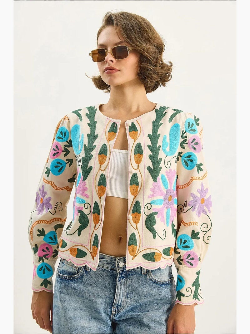 Veste en coton à imprimé floral jacquard lucci Crème - Kiabi