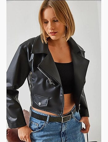 Veste en cuir à fermeture éclair asymétrique lucci