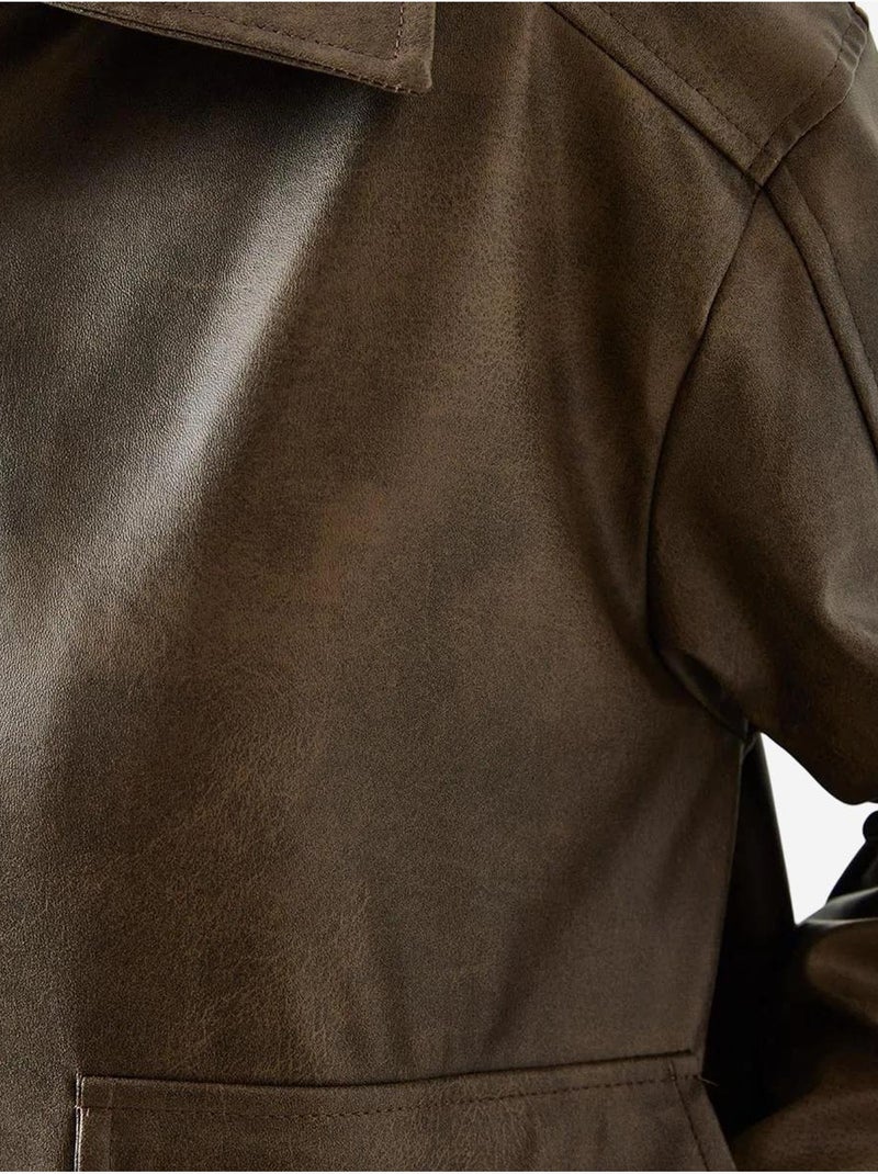 Veste en cuir vieilli à col chemise lucci Marron clair - Kiabi