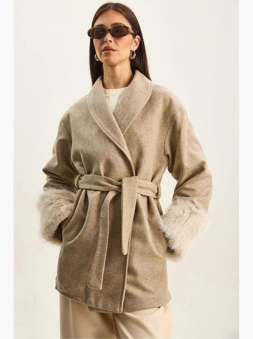 Veste en feutre oversize à col châle et poignets en fausse fourrure lucci - Kiabi