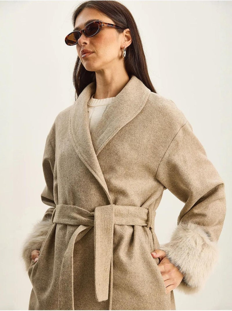 Veste en feutre oversize à col châle et poignets en fausse fourrure lucci Beige argile - Kiabi
