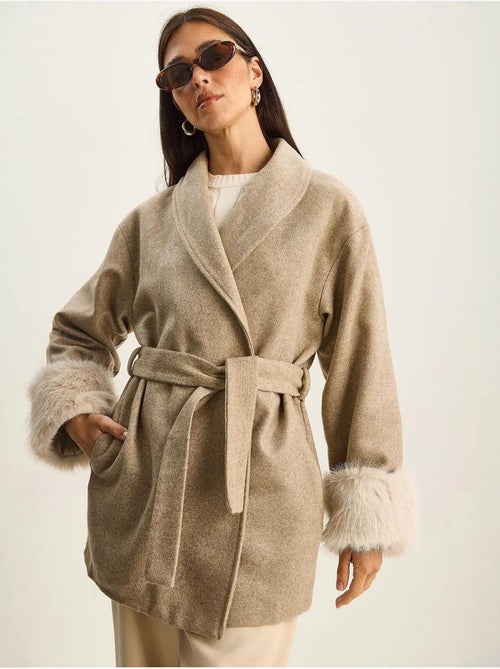 Veste en feutre oversize à col châle et poignets en fausse fourrure lucci - Kiabi
