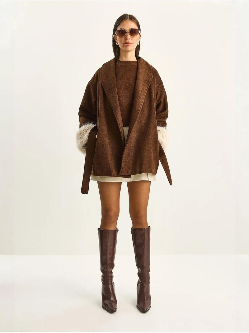 Veste en feutre oversize à col châle et poignets en fausse fourrure lucci Marron chocolat - Kiabi