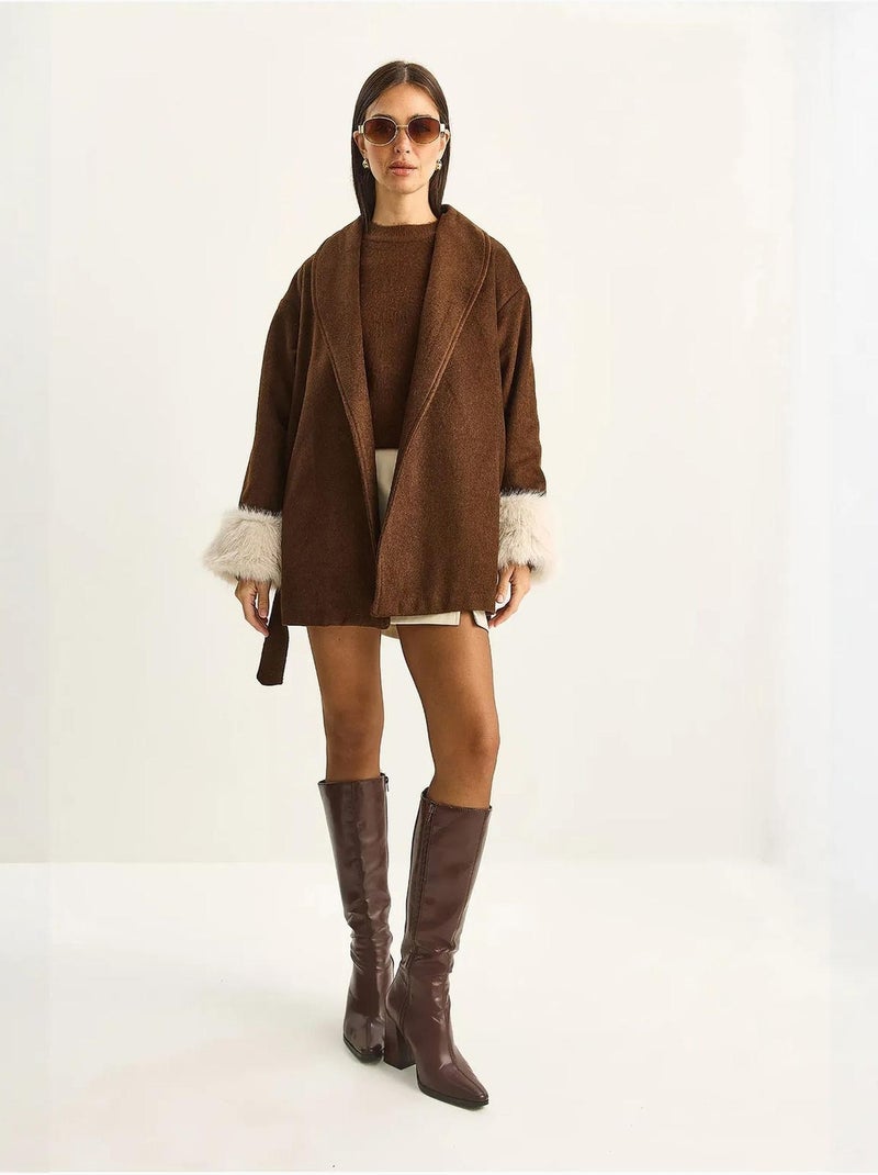 Veste en feutre oversize à col châle et poignets en fausse fourrure lucci Marron chocolat - Kiabi