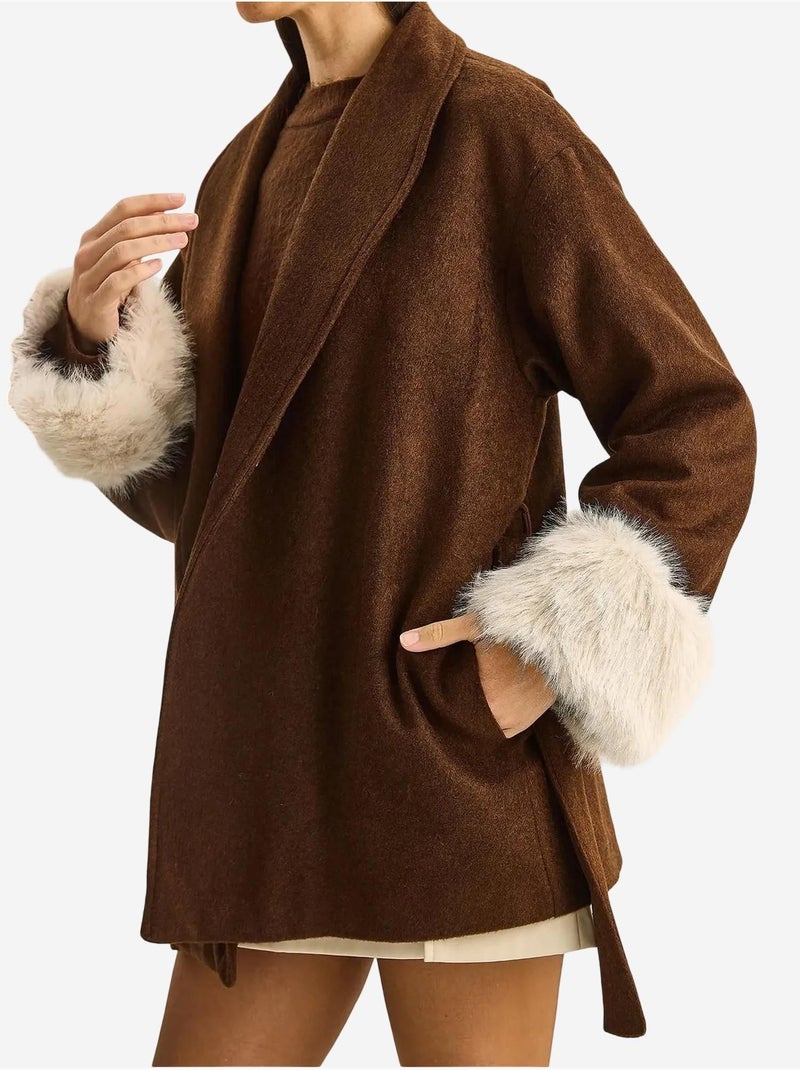 Veste en feutre oversize à col châle et poignets en fausse fourrure lucci Marron chocolat - Kiabi