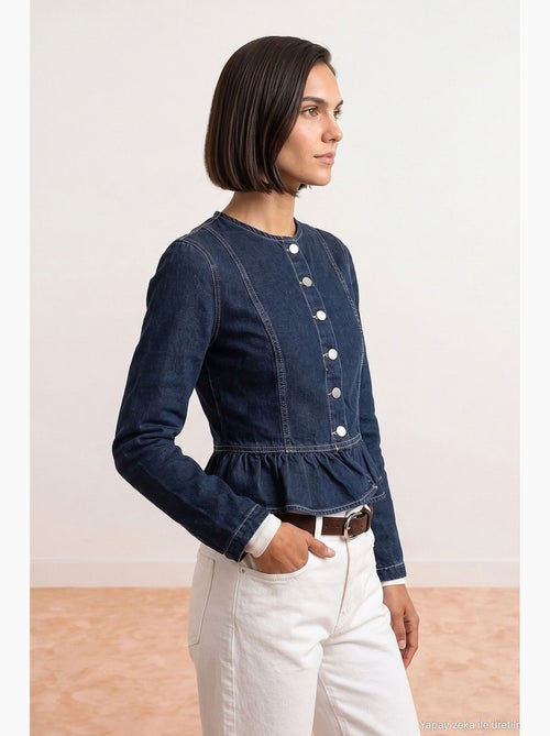Veste en jean col rond à boutons, manches longues, bas volanté dilvin - Kiabi