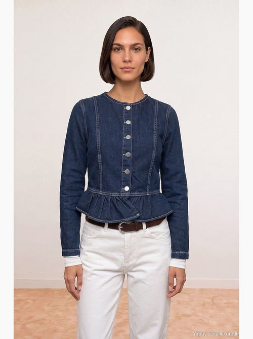 Veste en jean col rond à boutons, manches longues, bas volanté dilvin - Kiabi