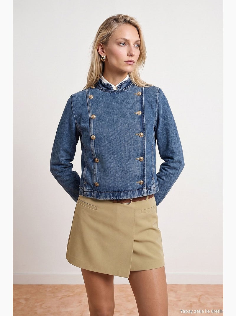 Veste en jean courte à boutons dorés dilvin Bleu saphir - Kiabi