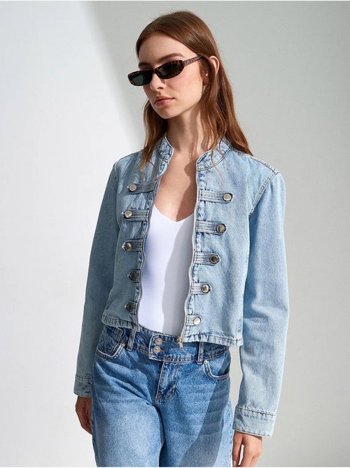 Veste en jean courte à col mandarin dilvin - Kiabi