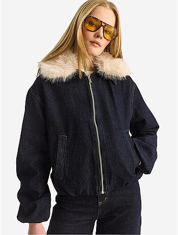 Veste en jean courte avec détails en fausse fourrure lucci