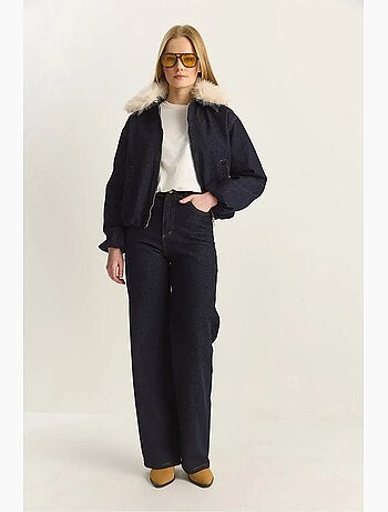 Veste en jean courte avec détails en fausse fourrure lucci