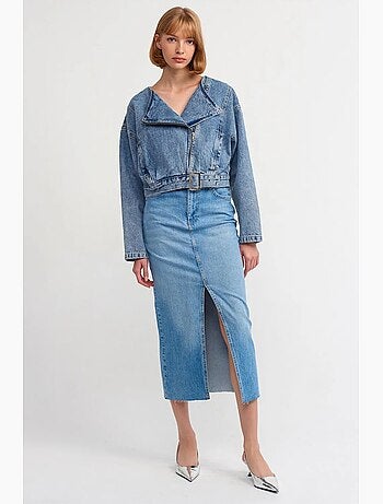 Veste en jean courte ceinturée style biker dilvin
