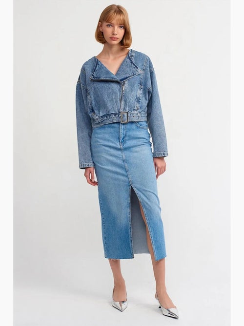 Veste en jean courte ceinturée style biker dilvin - Kiabi