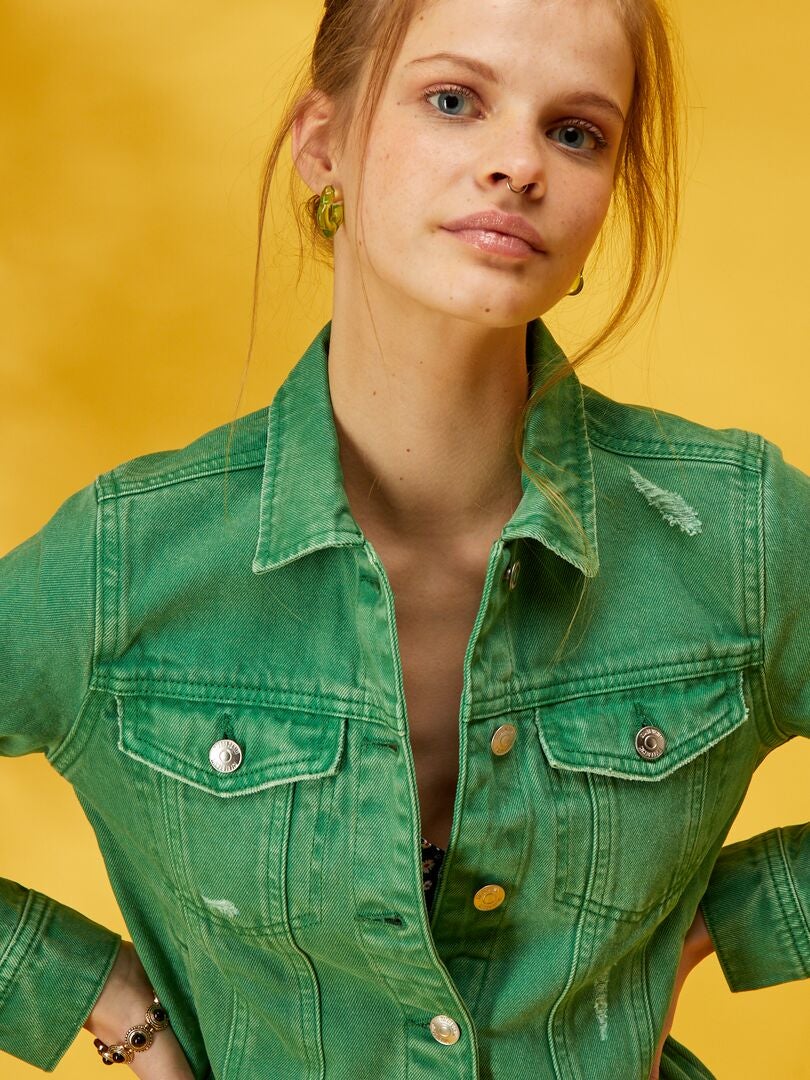 Veste en jean effet destroy Vert - Kiabi