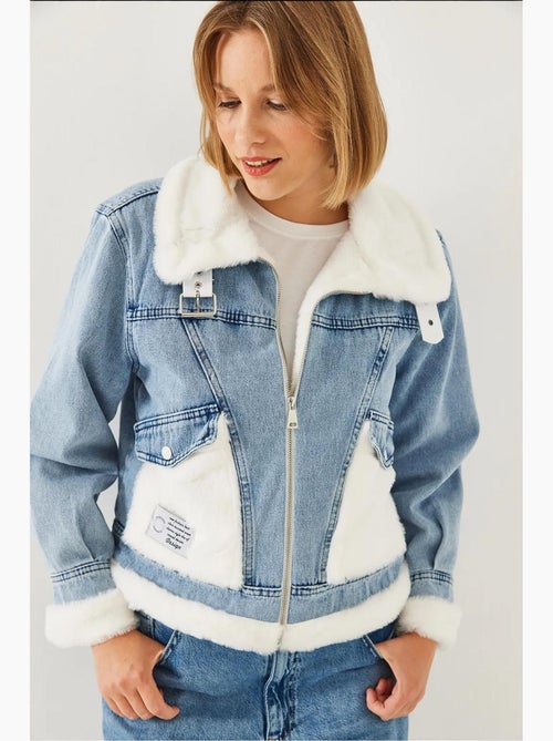 Veste en jean en fausse fourrure avec ceinture lucci - Kiabi
