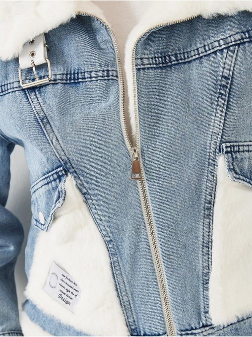 Veste en jean en fausse fourrure avec ceinture lucci - Kiabi