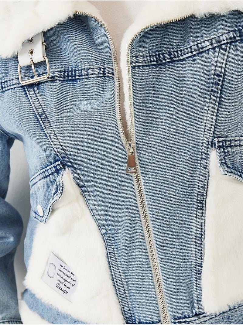 Veste en jean en fausse fourrure avec ceinture lucci Bleu clair - Kiabi