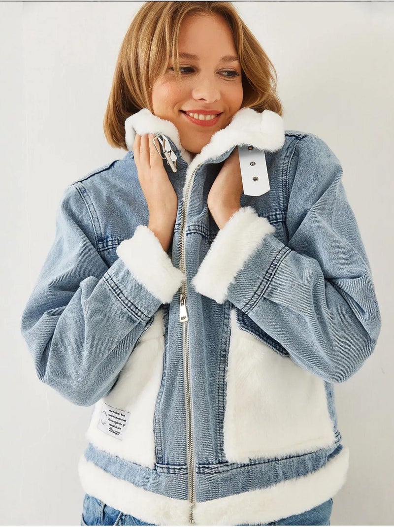 Veste en jean en fausse fourrure avec ceinture lucci Bleu clair - Kiabi