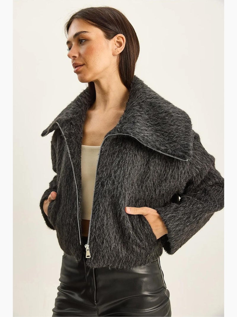 Veste en tweed épais matelassé avec fermeture éclair lucci Gris Noir - Kiabi