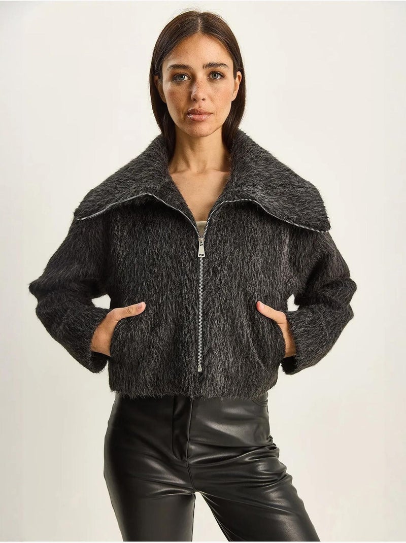 Veste en tweed épais matelassé avec fermeture éclair lucci Gris Noir - Kiabi
