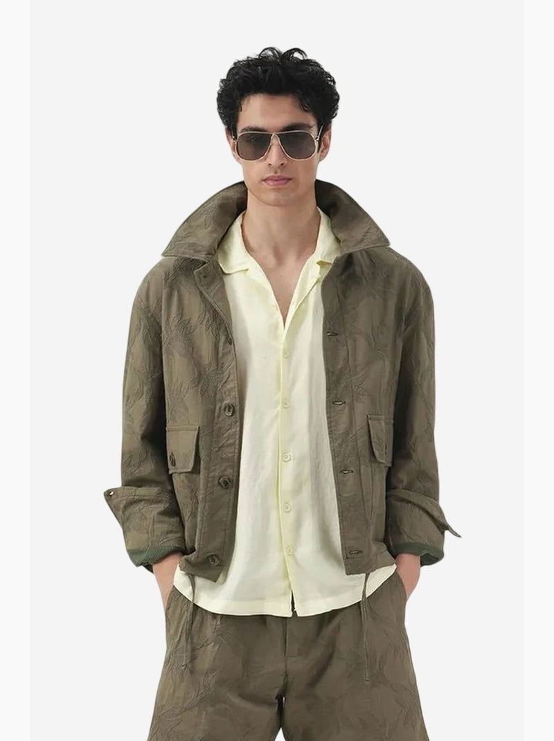 Veste jacquard fleurie boutonnée col chemise giesto Vert kaki - Kiabi