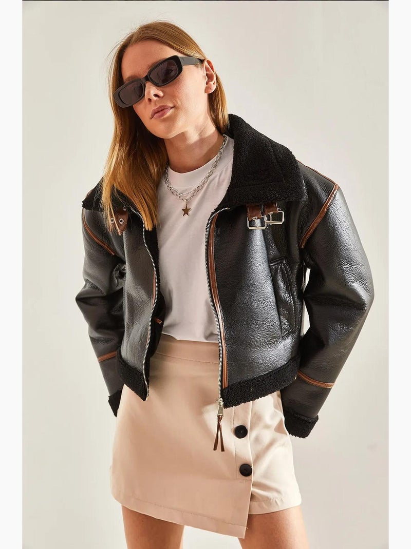 Veste laminée avec col ceinturé lucci Noir - Kiabi