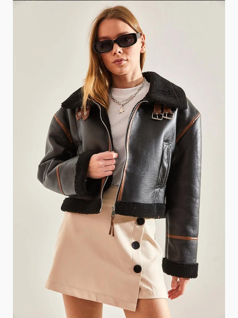 Veste laminée avec col ceinturé lucci Noir - Kiabi