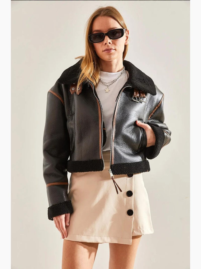 Veste laminée avec col ceinturé lucci Noir - Kiabi
