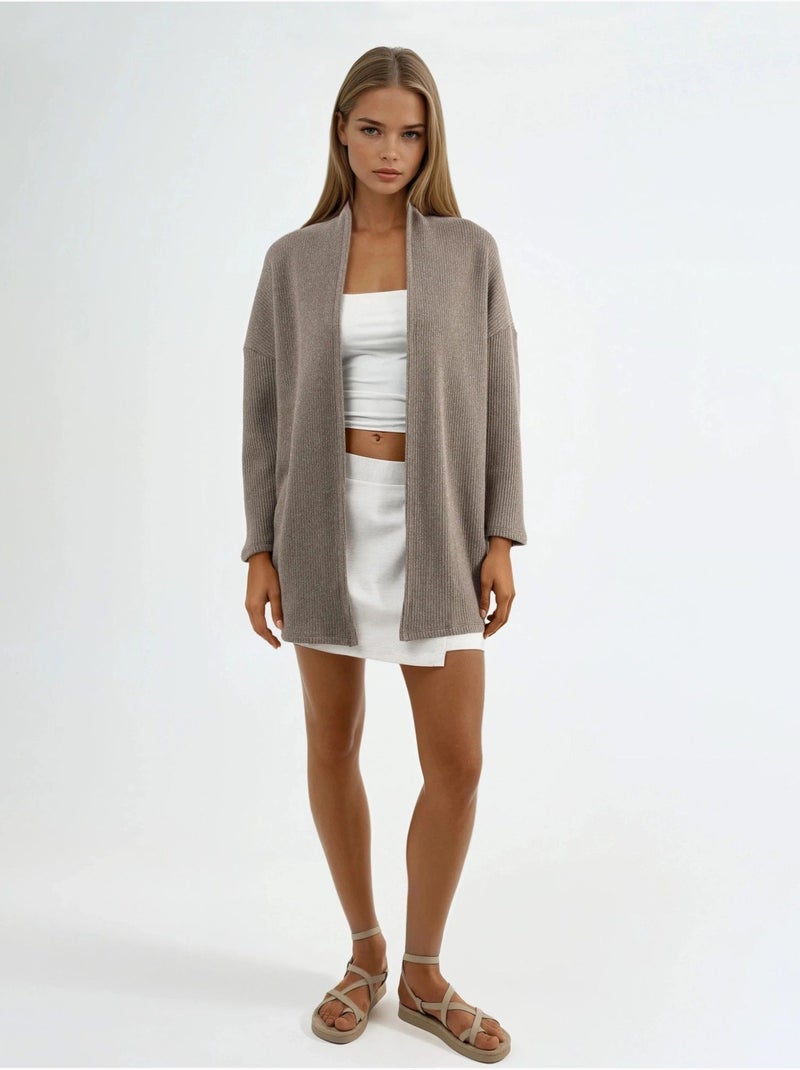 Veste longue à col ouvert en maille lurex busem Grège - Kiabi