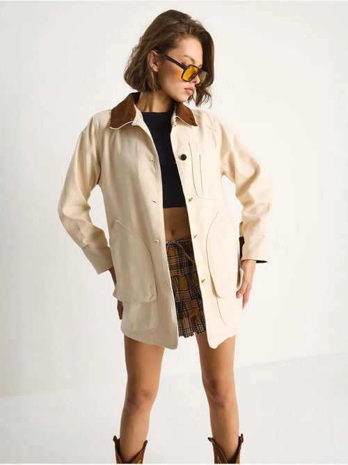 Veste midi boutonnée en faux daim avec col chemise lucci - Kiabi