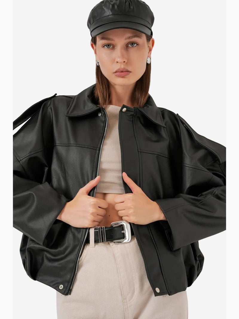 Veste zippée en similicuir avec col chemise bdart Gris Noir - Kiabi