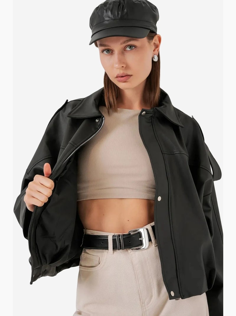 Veste zippée en similicuir avec col chemise bdart Gris Noir - Kiabi