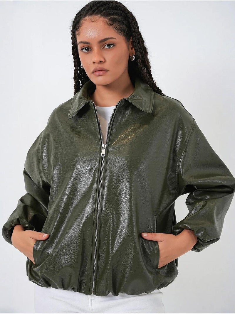 Veste zippée oversize en similicuir bdart Kaki - Kiabi