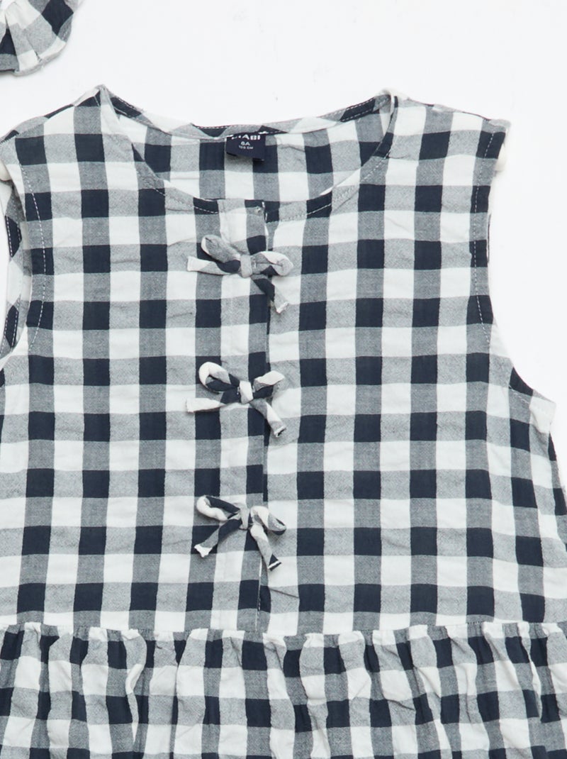 Vichy-jurk met korte mouwen, strik + scrunchie Blauw - Kiabi