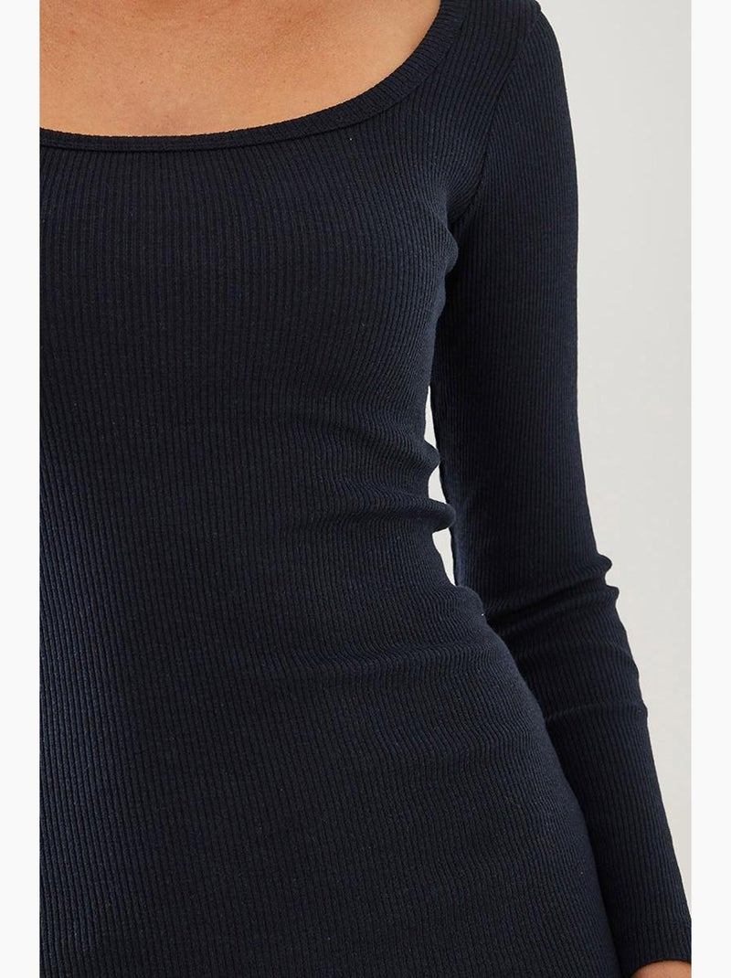 Vierkante hals lange mouwen basic geribbelde jurk lucci Marineblauw - Kiabi