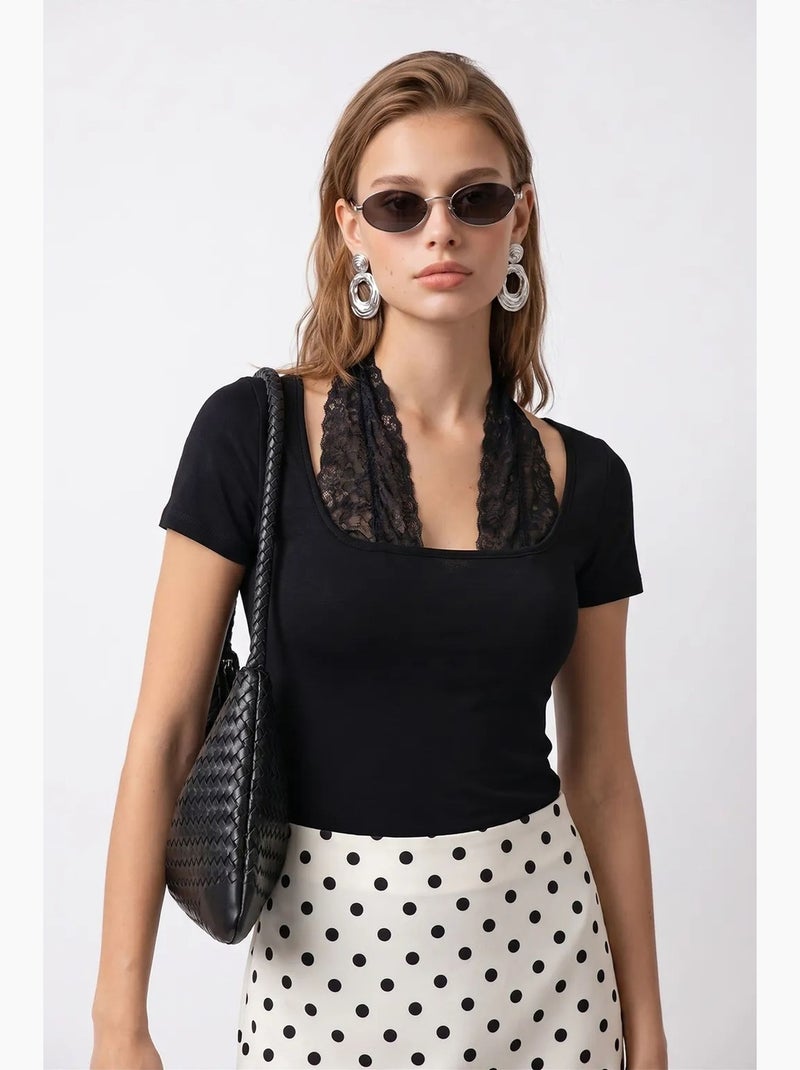 Viscose blouse met kant en u-hals, slim fit mixray Zwart - Kiabi