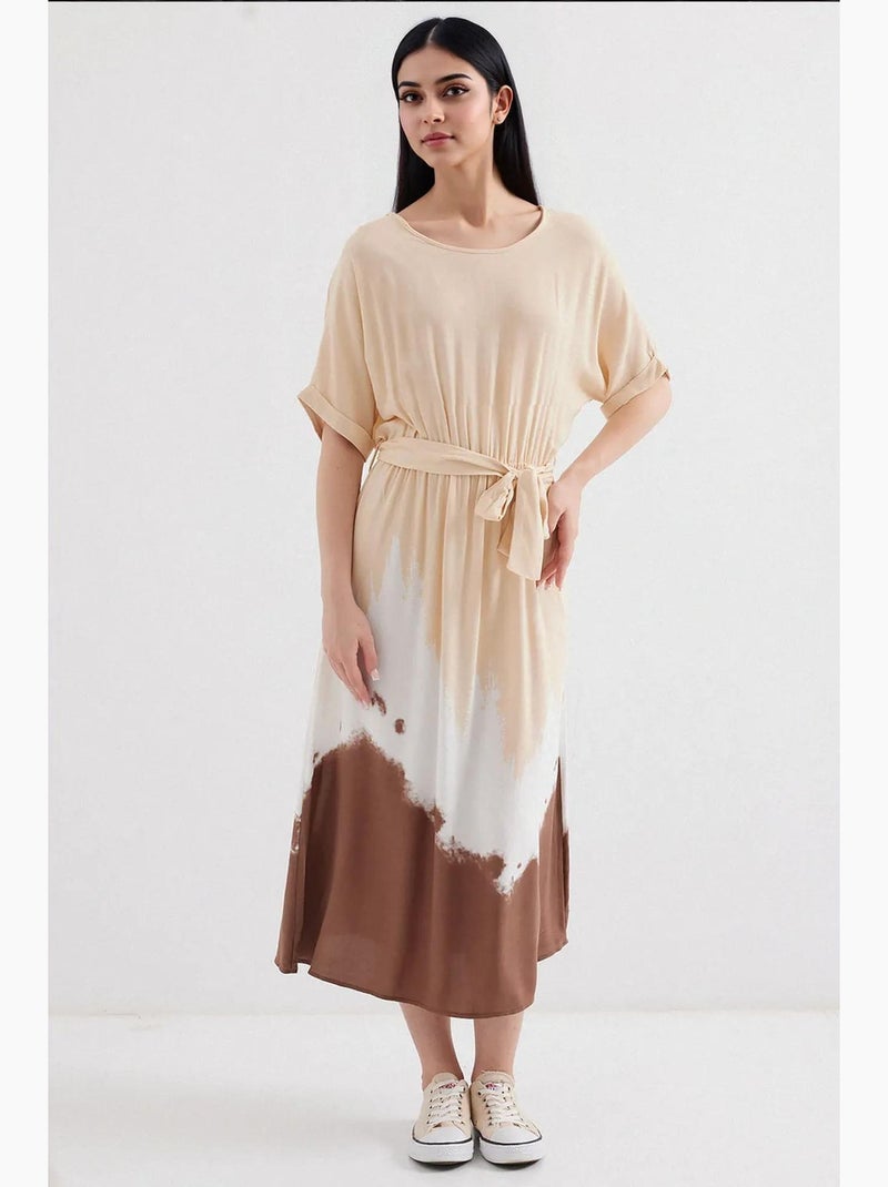 Viscose jurk met korte mouwen en patroon bdart Crème - Kiabi