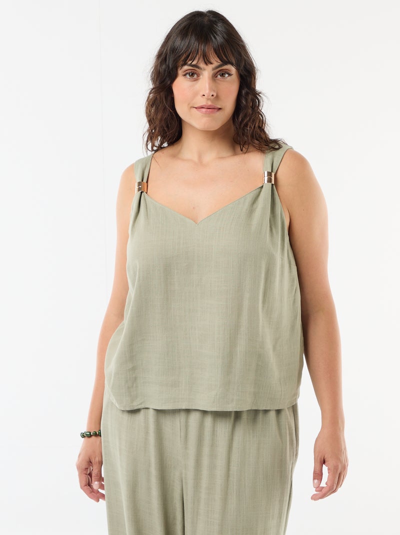 Vloeiende top van linnenmix met goudkleurige details Groen - Kiabi