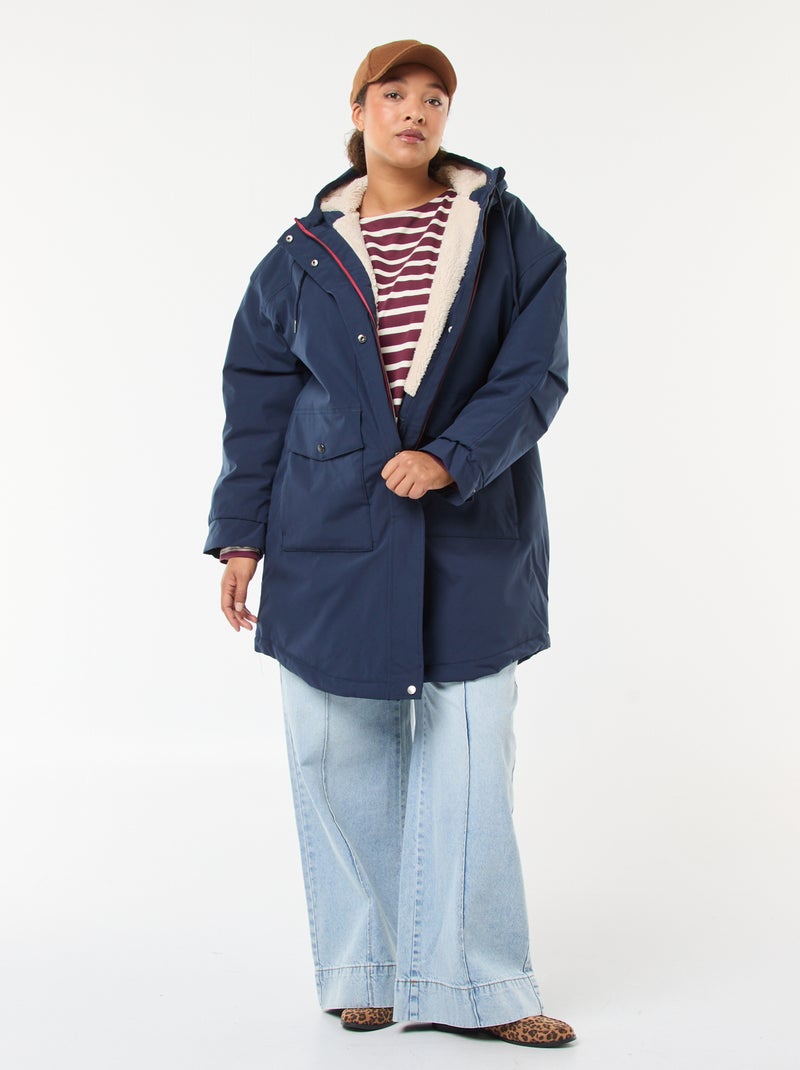 Waterafstotende parka met capuchon en imitatieschapenvacht Blauw - Kiabi