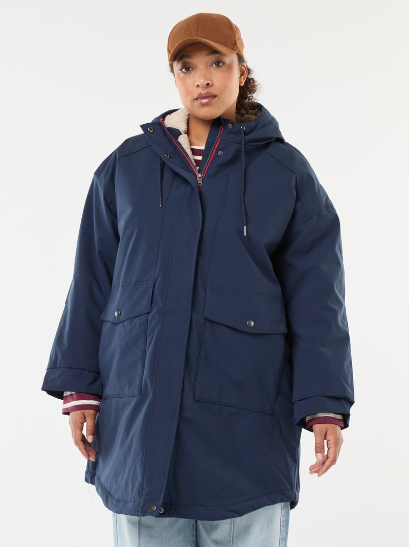 Waterafstotende parka met capuchon en imitatieschapenvacht Blauw - Kiabi