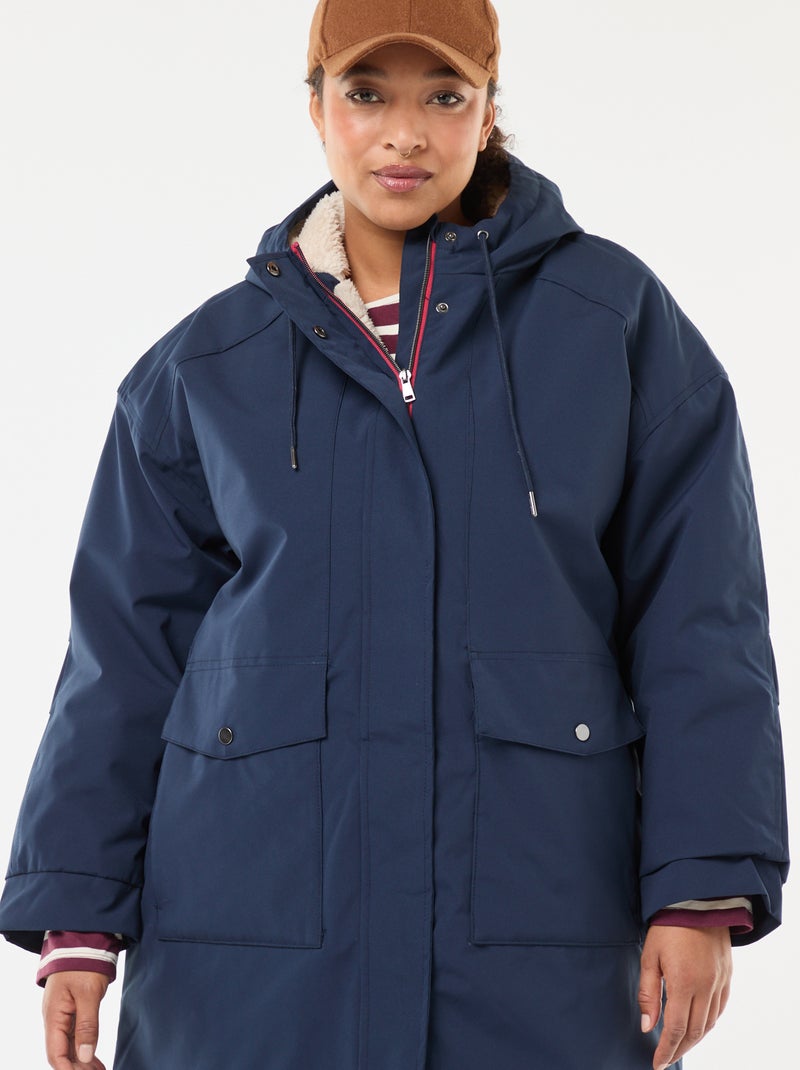 Waterafstotende parka met capuchon en imitatieschapenvacht Blauw - Kiabi