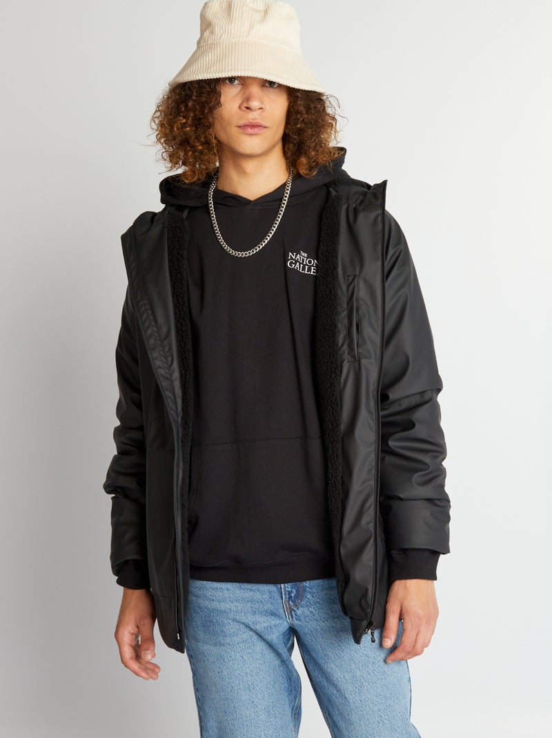 Waterafstotende parka met capuchon met schapenvacht effect zwart - Kiabi